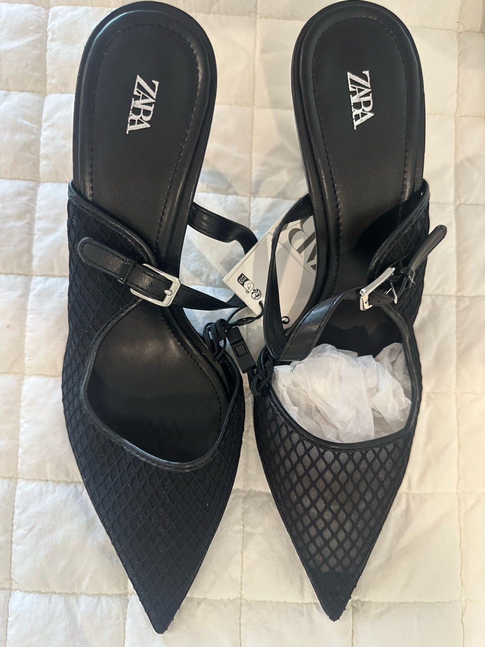NWT Zara Black Mesh Pointed Slingback Heels with Buckle